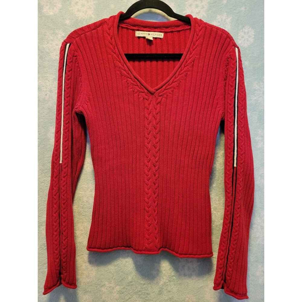Tommy Hilfiger Medium Sweater Red Preppy Cable Tight Knit V Neck Sweater Y2K